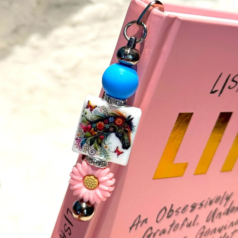 Pink & blue Beaded Bookmark, Horse with flowers and rhinestones